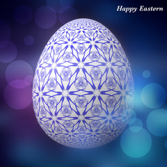 Happy Easter – Frohe Ostern, Artfully designed, abstract and colorful easter egg, 3D illustration on background with bokeh and light leaks