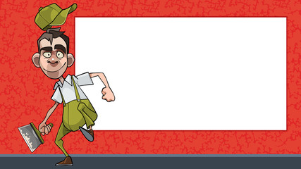 cartoon active worker with a spatula on the background of a blank billboard