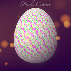 Happy Easter – Frohe Ostern, Artfully designed, abstract and colorful easter egg, 3D illustration on background with bokeh and light leaks
