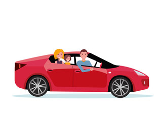 Smiling family inside their new red car. driver at the wheel of car. Mom and daughter are sitting in back seat. Side view of sports car. Man showing thumb up gesture. Vector flat cartoon illustration