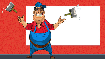 cartoon cheerful worker with spatulas on the background of a blank billboard