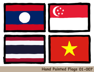 手描きの旗アイコン「ラオスの国旗」「シンガポールの国旗」「タイの国旗」「ベトナムの国旗」Flag of the Laos, Singapore, Thailand, Vietnam, hand drawn isolated vector icon.
