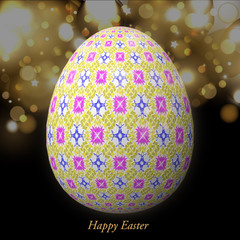 Happy Easter – Frohe Ostern, Artfully designed, abstract and colorful easter egg, 3D illustration on background with bokeh and light leaks