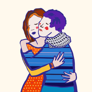 Two young women dressed in modern clothes give a warm hug. Happy meeting of close female friends. Colored vector illustration in a flat style is good for posters, post cards, t-shirt print, stickers.