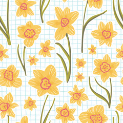 Doodle style coloring book style yellow daffodils on hand drawn grid notebook page. Seamless vector pattern