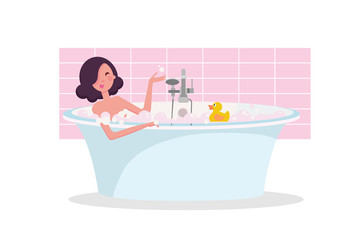 Naklejka na ściany i meble dark hair Girl taking a bath full of soap foam. Yellow rubber duck in bathtub. Exquisite bathtub unusual shape. Flat cartoon illustration on white background