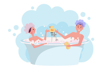 Young couple in shower caps taking a bath. Girl and guy are having fun in bubble bath. Elegant bathtub with yellow rubber duck. Flat cartoon illustration on white background in clouds of steam