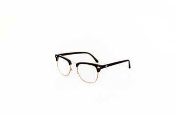 Isolated image of clubmaster eyeglasses with brown, textured earpiece and frame with transparent glasses. Side view.
