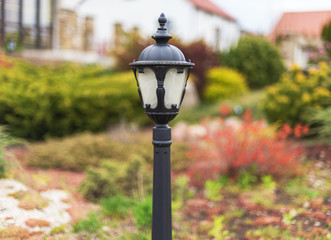 Forged street lights, for the testimony of a courtyard with landscape design with various ornamental plants and trees, and other street lighting on the private home.