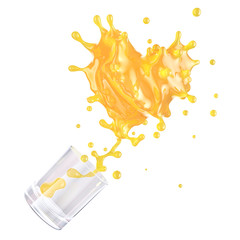 Orange juice splash in the form of heart. Fruits juice splashing out of glass - citrus, tangerine, lemon, pineapple, peach, mango juice isolated. Valentines day concept. 3D render