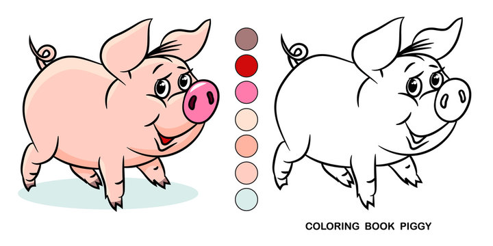 Coloring book piggy, cartoon character, flat design.