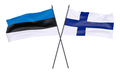 Estonia and Finland, two crossed flags isolated on white background. 3d image