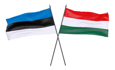 Estonia and Hungary, two crossed flags isolated on white background. 3d image