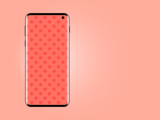 New realistic smartphone with pop red wallaper on bright pink background isolated vector illustration. 