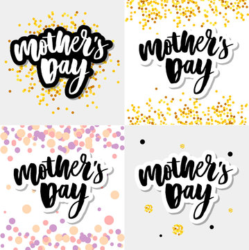 Happy Mothers Day elegant typography pink banner. Calligraphy text and heart in frame on red background for Mother's Day. Best mom ever vector illustration set