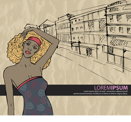 Sexy fashion girl in sketch style on a city-background.