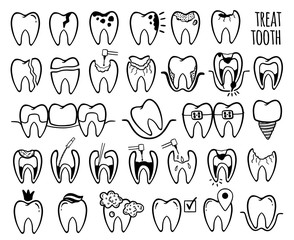 Happy teeth set. Dental personage vector illustration. Dental concept for your design. Illustration for children dentistry. Oral hygiene, teeth cleaning.