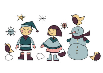 Children's drawing. Boy and girl sculpt a snowman.