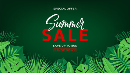 Summer sale banner with tropical leaves. Vector illustration with tropical leaves in paper cut style on dark green background.