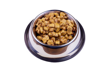 Canned food for cats or dogs in metal bowl isolated on white background