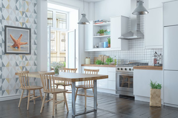 3d Illustration - Skandinavische, nordische Küche mit einem großen Tisch - Wohnung