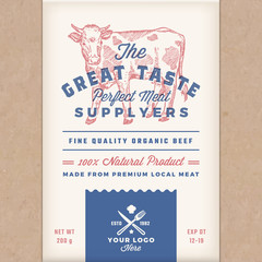 Great Taste Perfect Beef. Abstract Vector Meat Packaging Design or Label. retro Typography and Hand Drawn Cow Silhouette. Craft Paper Vintage Background Layout with Print Effect