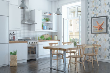 3d Illustration - Skandinavische, nordische Küche mit einem großen Tisch - Wohnung