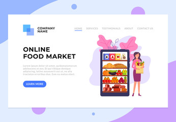 Happy smiling woman consumer holding bag with food. Online web food delivery concept. Vector flat cartoon graphic design illustration