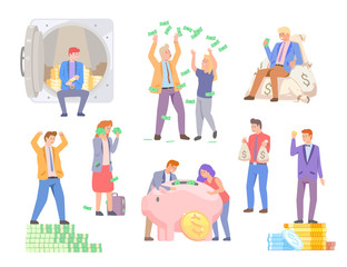 Rich people vector, set of man and woman saving money isolated investors and businesspeople. Pig with coins investment in future, banknotes assets