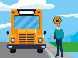 teacher male with documents in stop bus