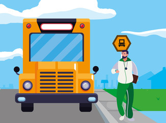 sports teacher in stop bus