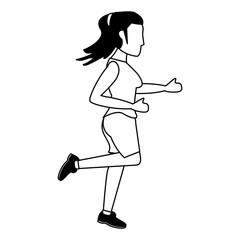 Fitness woman running sideview in black and white
