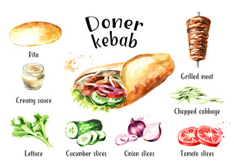 Döner Kebab Zutaten Set. Gezeichnete Illustration des Aquarells Hand, lokalisiert auf weißem Hintergrund