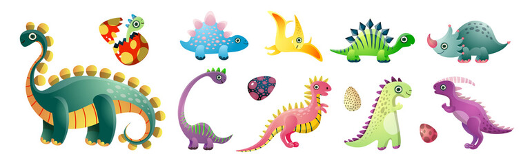 Obraz premium Set of cute colorful dinosaurs and colorful kid egg