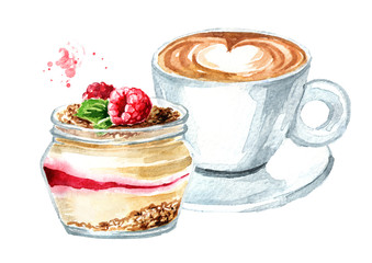 Healthy  raspberry dessert in the jar and cup of coffee. Watercolor hand drawn illustration, isolated on white background