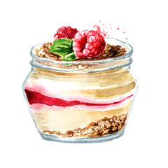 Healthy  raspberry dessert in the jar. Watercolor hand drawn illustration, isolated on white background