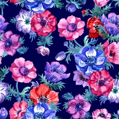 Behang Anemone seamless pattern on black background, watercolor drawing. Floral print for fabric and other designs. © Ollga P