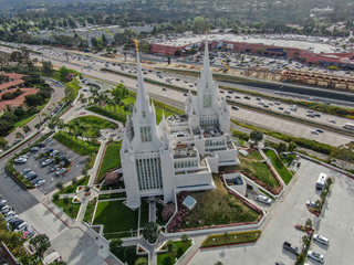 Aerial view of The San Diego California Temple, the 47th constructed and 45th operating temple of The Church of Jesus Christ of Latter-day Saints. San Diego, California, USA.