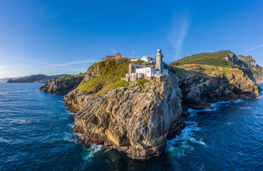 Santa Catalina lighthouse in Lekeitio, Basque country - drone aerial view