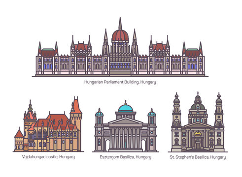 Set of Hungarian or Hungary landmarks in line