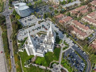 Aerial view of The San Diego California Temple, the 47th constructed and 45th operating temple of The Church of Jesus Christ of Latter-day Saints. San Diego, California, USA.