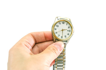 wrist watch in hand on white background