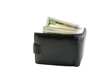 black, male wallet with dollars on a white background