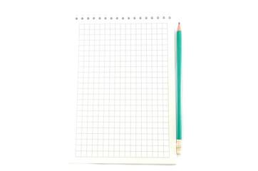 white notebook with a pencil on a white background