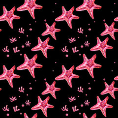 Seamless pattern with starfish and algae.