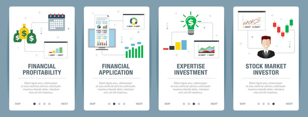Fototapeta na wymiar Web banners concept in vector with financial profitability, financial application, expertise investment and stock market investor. Internet website banner concept with icon set. Flat design vector