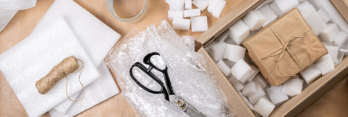 Packing products for delivery, shipping service. Delivery concept for private companies delivery with care , Craft present box
