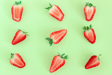 strawberry pattern on green background, Summer concept. Flat lay, top view, square.