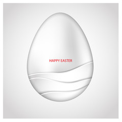 White Easter egg with waves on gray background. Red greeting text Happy Easter