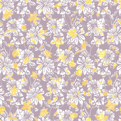 Floral seamless pattern. Vector illustration of abstract leaves, flowers, petunias and daisies in lilac and yellow. Designed for fashion, fabric, home decor.